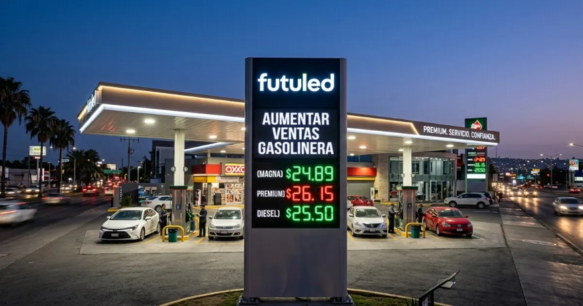 Tótem digital LED de Futuled mostrando precios de combustible como estrategia para aumentar ventas gasolinera.