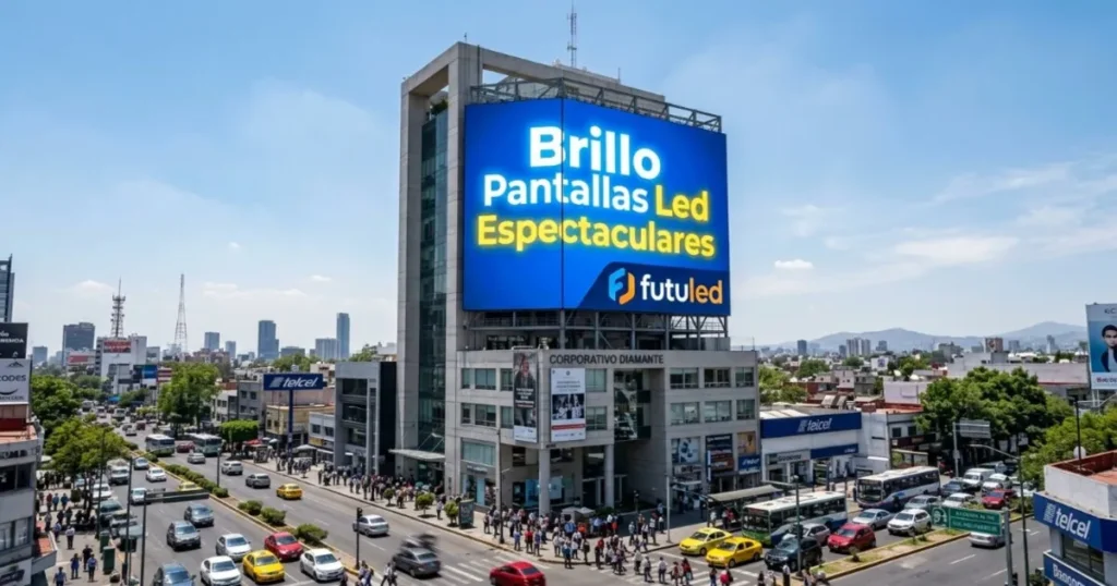Cartelera digital urbana a plena luz del día demostrando el brillo en pantallas LED espectaculares de la marca Futuled.