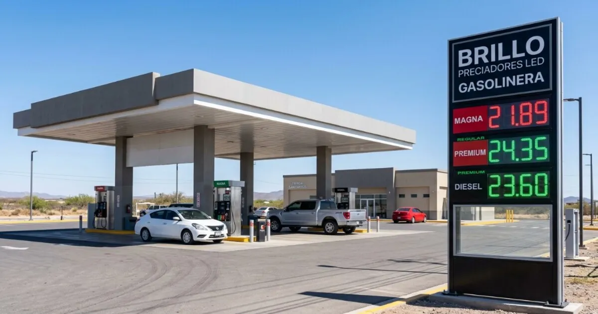 Brillo preciadores led gasolinera – Visibilidad diurna ótem exterior que demuestra el excelente brillo preciadores led gasolinera, mostrando los precios de combustibles a plena luz del día.