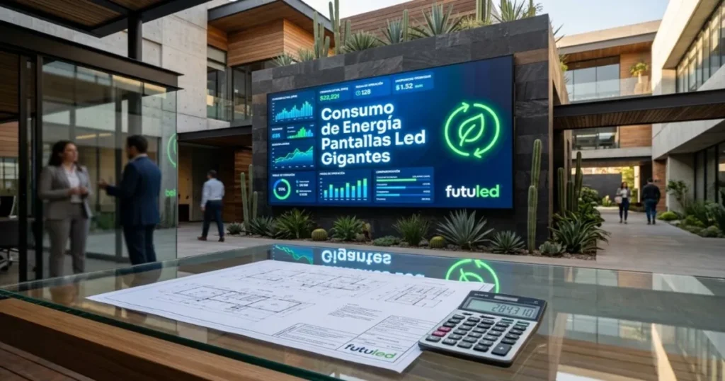 Pantalla exterior mostrando un dashboard sobre el consumo de energía de pantallas LED gigantes, junto a planos arquitectónicos y una calculadora en un entorno corporativo.