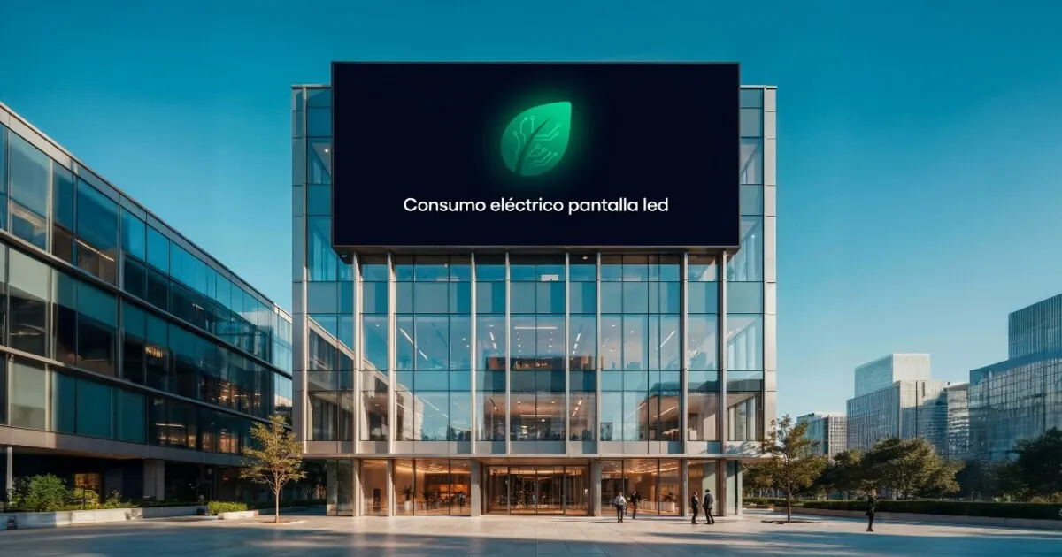 Pantalla LED gigante de exterior instalada en un edificio corporativo, mostrando un icono de eficiencia energética y bajo consumo eléctrico.