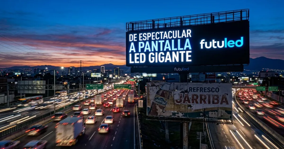 Transformación de espectacular a pantallas LED gigantes de la marca FutuLED en una autopista con tráfico nocturno y la ciudad de fondo.