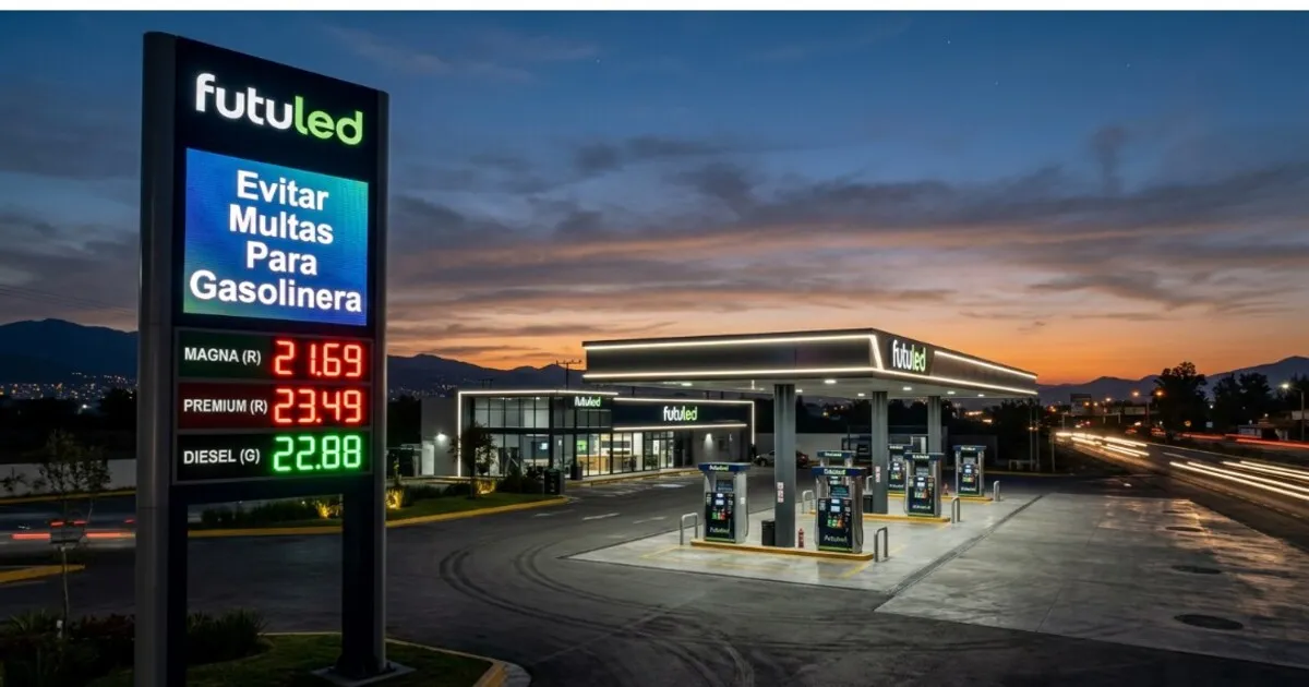 Tótem digital de precios Futuled en una estación de servicio moderna, una solución clave para evitar multas para gasolineras.