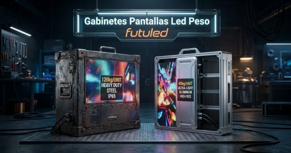 Comparativa de gabinetes pantallas led peso mostrando un gabinete de acero pesado de 120kg (IP65) a la izquierda y un gabinete de aluminio ultraligero de 40kg a la derecha, de la marca futuled