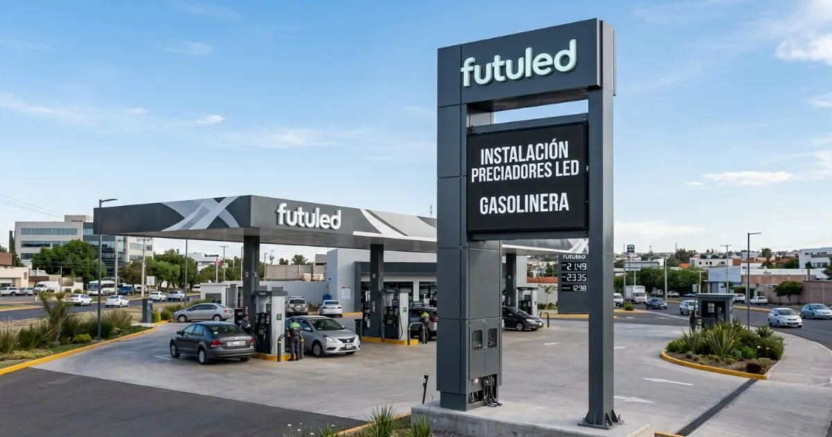 Tótem luminoso de la marca Futuled exhibiendo la instalación preciadores led gasolinera en una estación de servicio moderna con vehículos.