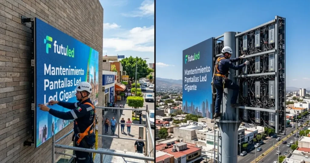 Técnicos de Futuled con equipo de seguridad realizando el mantenimiento pantallas LED gigante en estructuras de pared y poste.