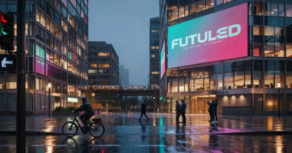 Pantalla LED para publicidad exterior brillante y moderna mostrando contenido dinámico, instalada por Futuled