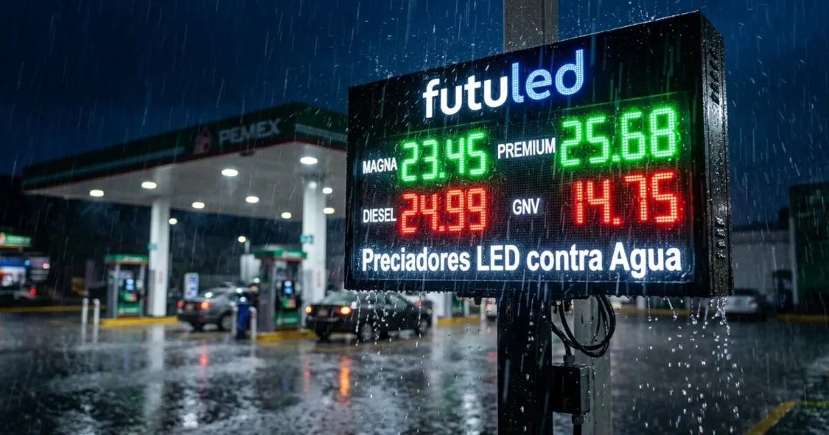 Preciadores Led contra agua de la marca futuled funcionando perfectamente bajo una fuerte lluvia en una gasolinera Pemex.
