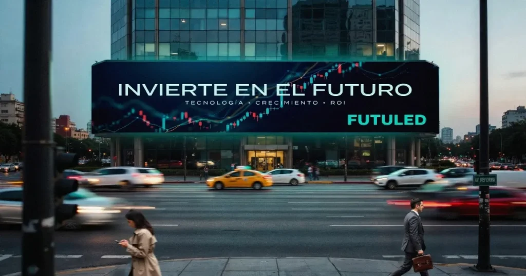 Pantalla LED publicitaria brillante en una avenida transitada, ilustrando la rentabilidad de invertir en pantallas LED para negocios.