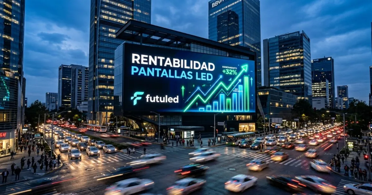 Valla publicitaria digital en una ciudad de noche mostrando la rentabilidad de pantallas LED con un gráfico de crecimiento del 32%.