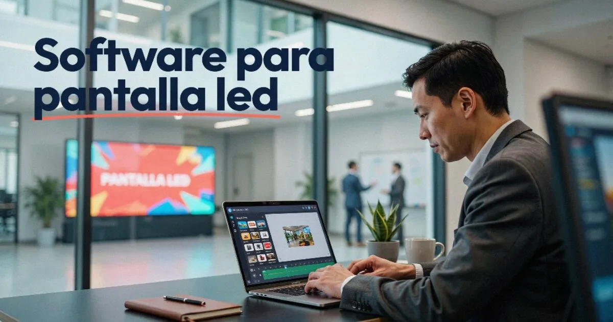 Profesional utilizando software para pantalla LED en un ordenador portátil para gestionar y programar el contenido de una pantalla corporativa