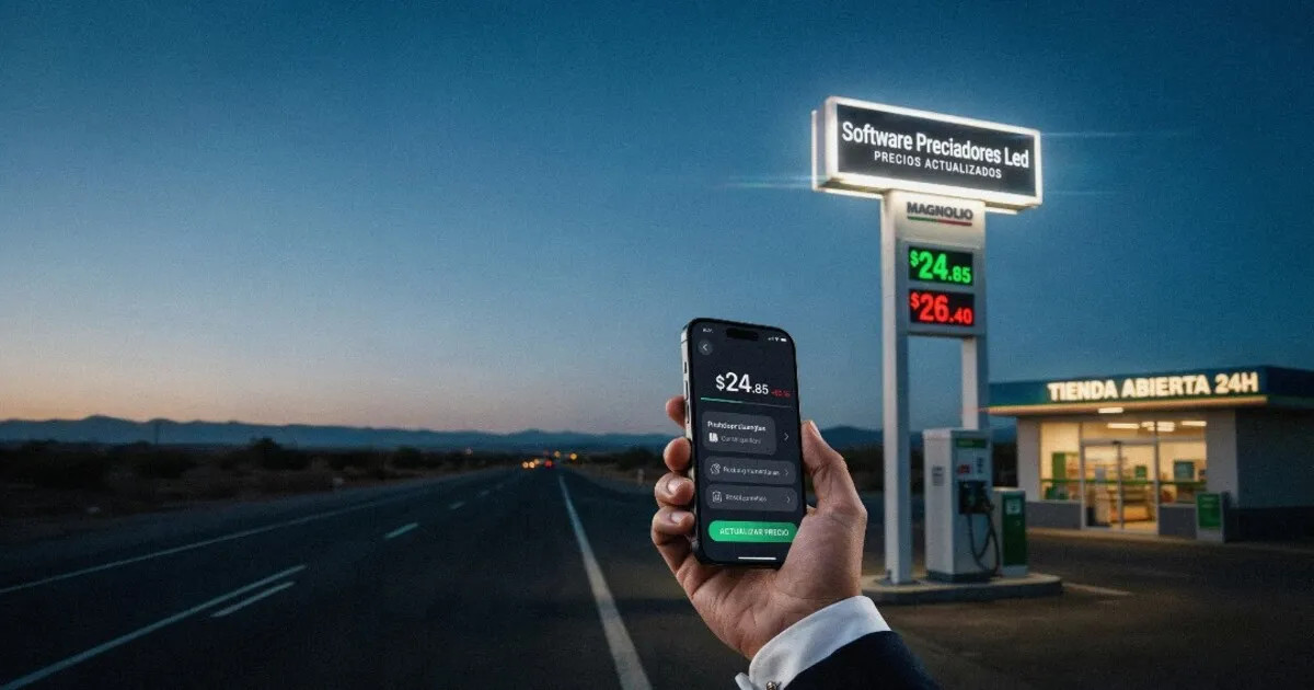 Persona usando una aplicación en su celular conectada a un software preciadores led para actualizar los precios en el tótem de una gasolinera.