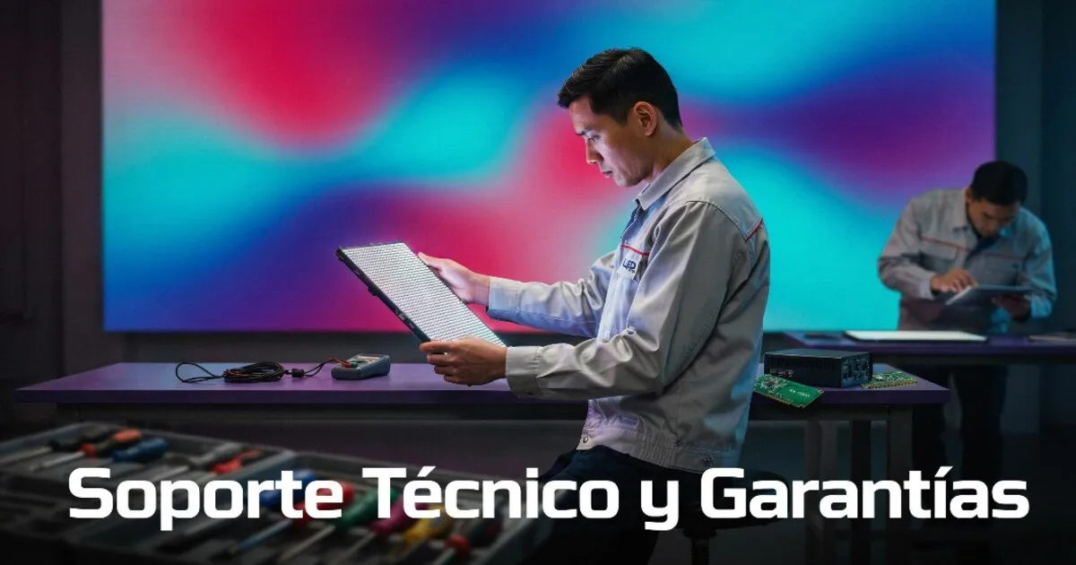 Soporte técnico y reparación de módulos de pantallas LED Técnico especializado revisando un módulo LED y refacciones como parte del soporte técnico y garantía de pantallas LED de Futuled.