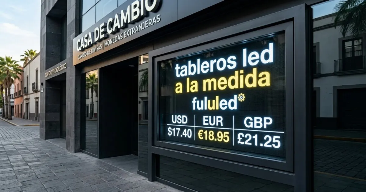 Letrero de casa de cambio utilizando tableros led a la medida para mostrar el precio del dólar, euro y libra.
