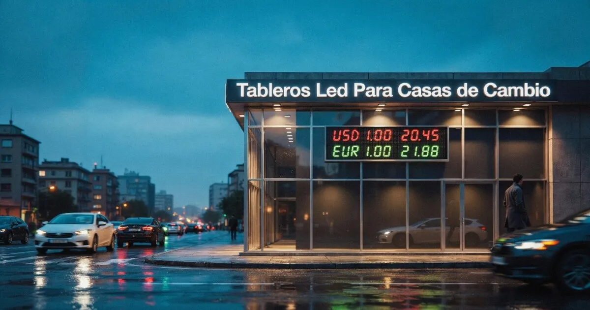 Fachada de un local comercial moderno iluminado con tableros led casas de cambio mostrando las tasas de dólares y euros.