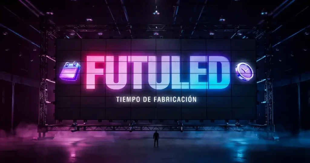 Pantalla gigante de Futuled con iconos de calendario y reloj, ilustrando a escala humana el tiempo de entrega pantalla LED.